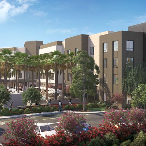 A modern hotel building with palm trees, landscaping, and a parking lot in front, under a clear blue sky.